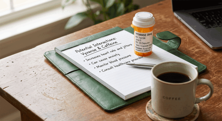 Cup of coffee beside medication representing caffeine and Vyvanse