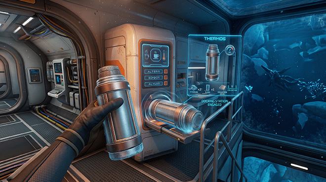 Putting a Thermos into the Coffee Vending Machine in Subnautica Below Zero